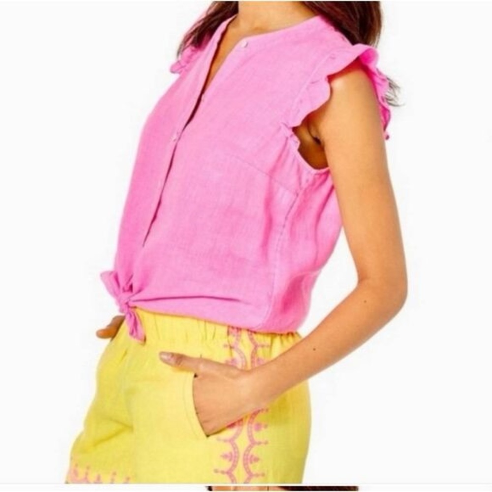Lilly Pulitzer Briette Hot Pink Isle Ruffle Sleeve 100% Linen Top, SMALL - Picture 17 of 17